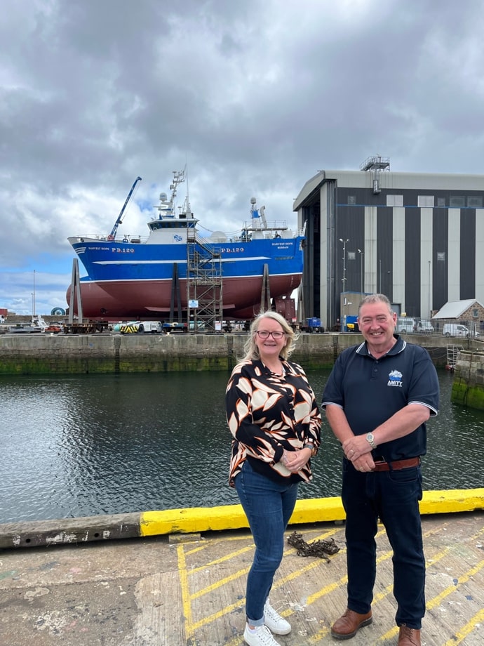 Linda Hendry from SURF And SeaFest Peterhead with Jimmy Buchan managing director of Amity Fish Company and chairman of SeaFest Peterhead.jpg min