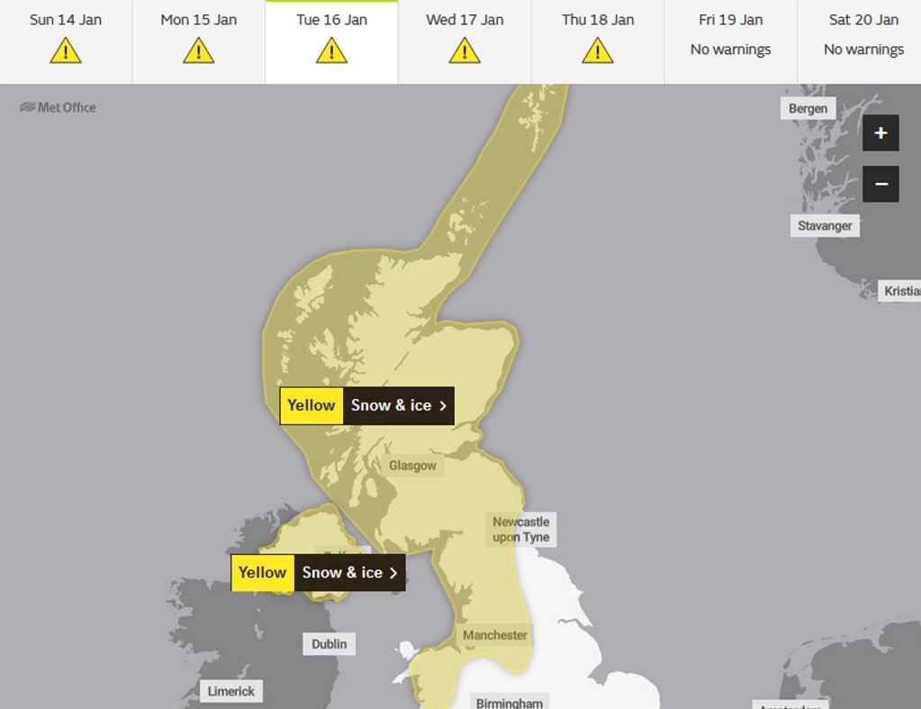 Yellow warning of snow for 5 Days