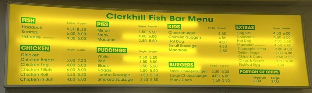 Menu Clerkhill Fish Bar